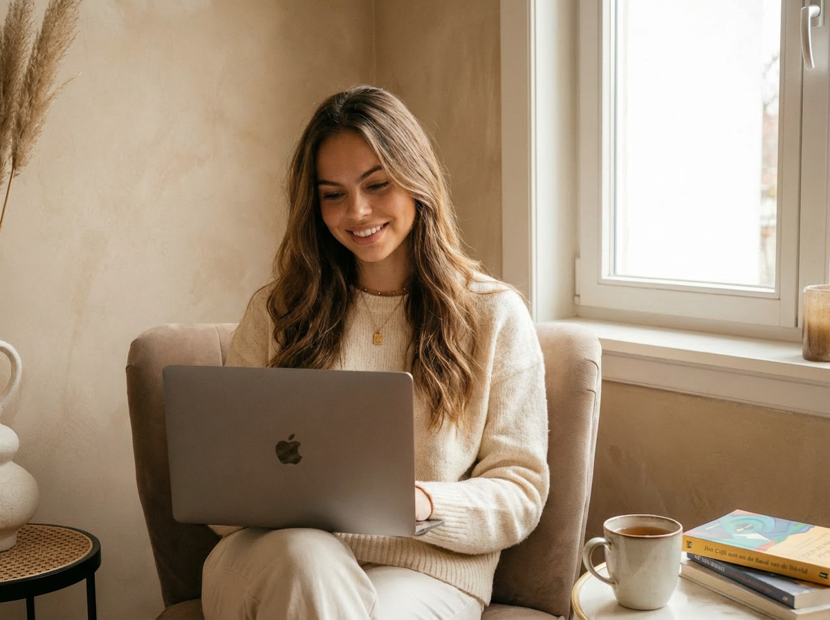 Firefly_Gemini Flash_maak een realistische afbeelding van een vrouw met een laptop die ergens relaxt thuis 583471