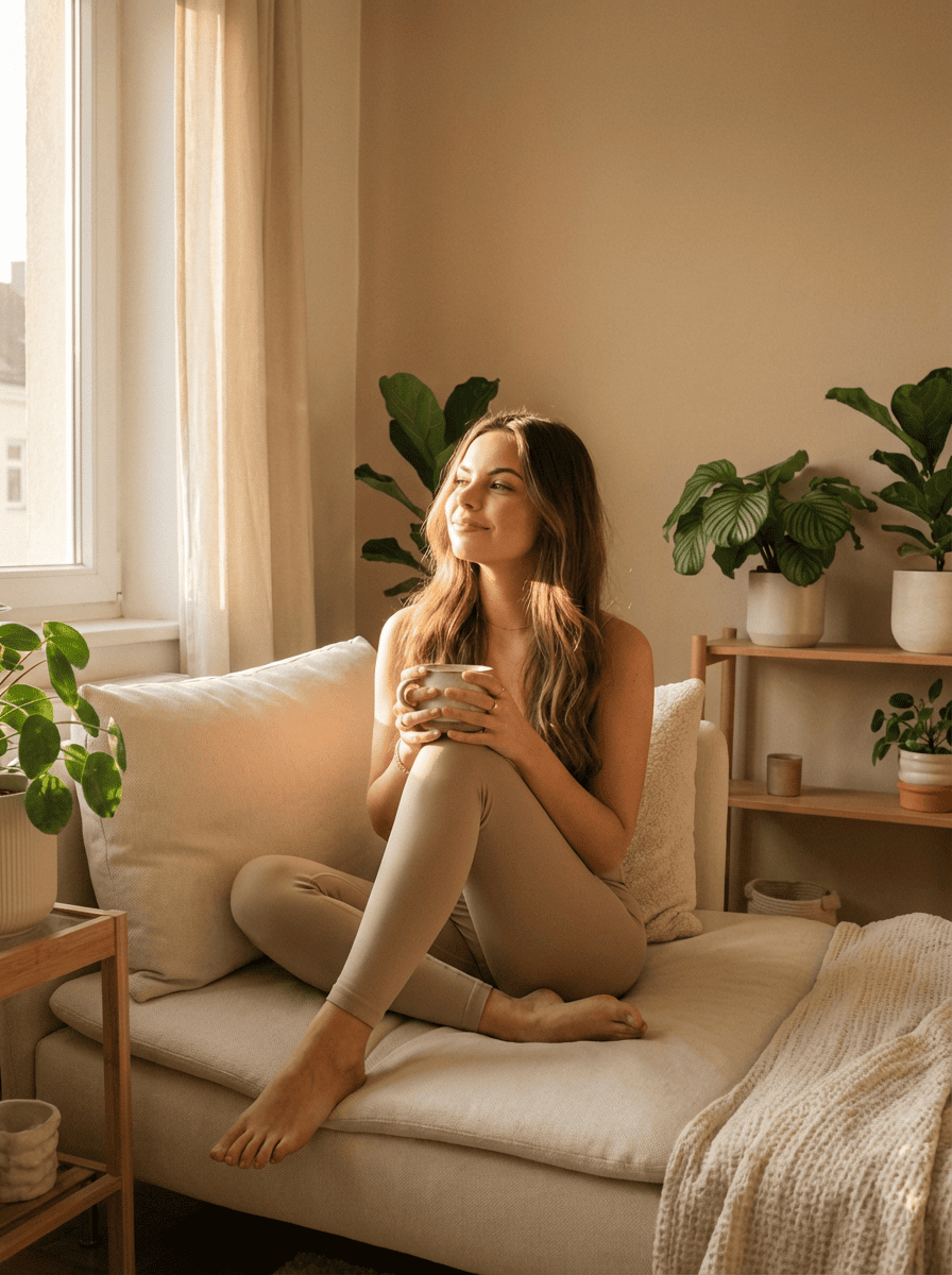 Firefly_Sarah in her current peaceful state- sitting in a cozy minimalistic living room, soft 418395